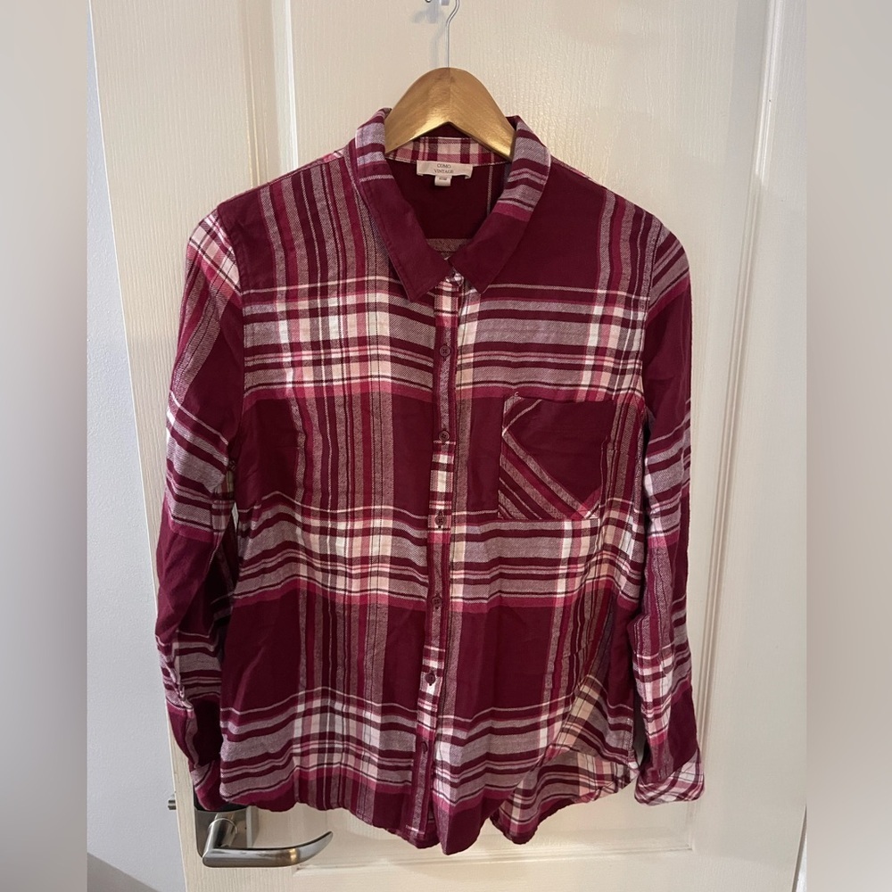 Como Vintage Women's Burgundy Plaid Button Down Shirt